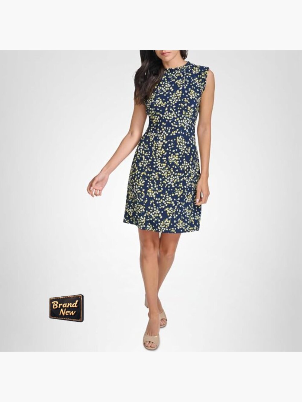 Sleeveless Ruffle Neck Jersey Shift Dress Floral Print Plus Size